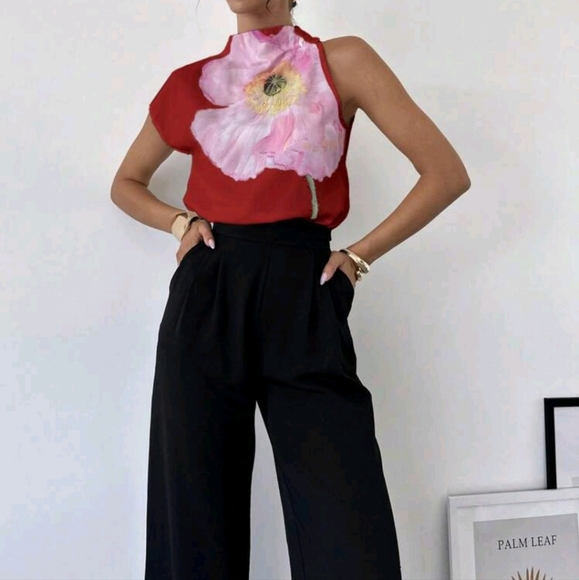 One Shoulder Printed Elegant Holiday Blouse - Picture 4 of 6